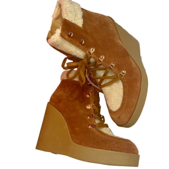 Jessica Simpson Booties Faux Fur Ladies Size 9.5M Maelyn Lace Up Wedge Platform - Picture 1 of 3